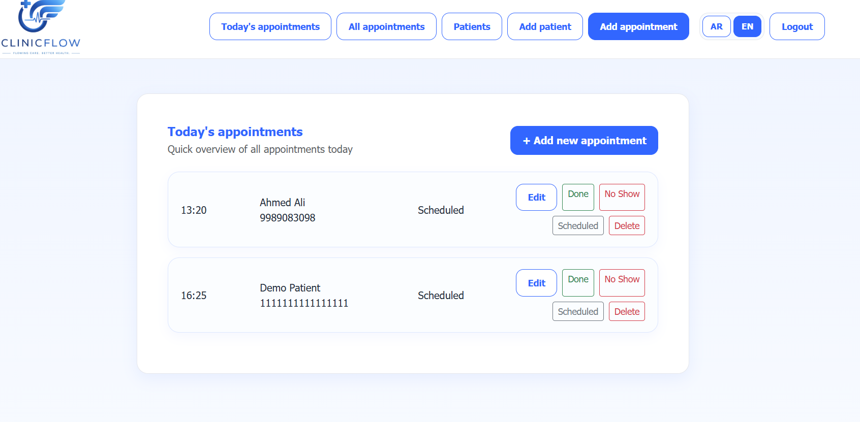 Today's appointments in ClinicFlow
