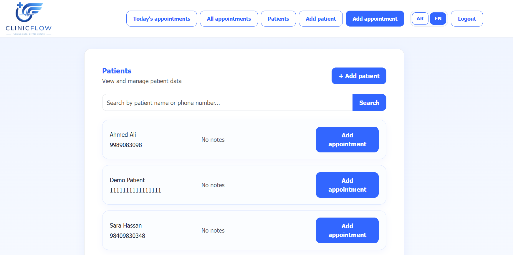 Patients page in ClinicFlow